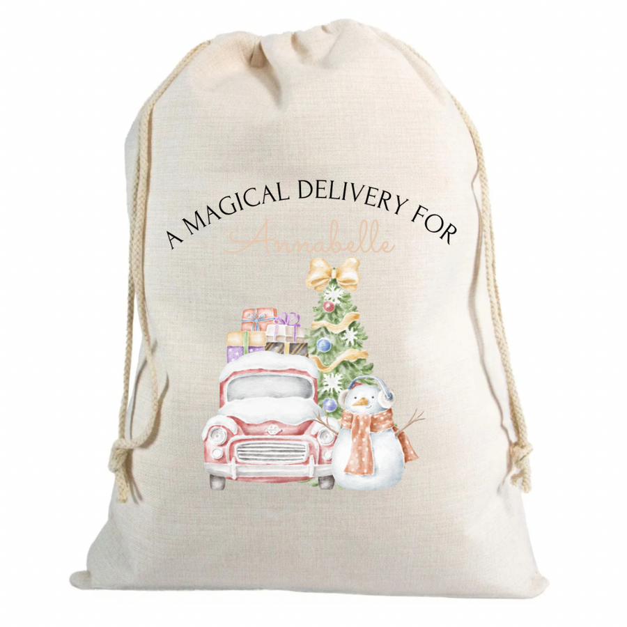 Christmas Sack Pink Truck and Snowman with Name