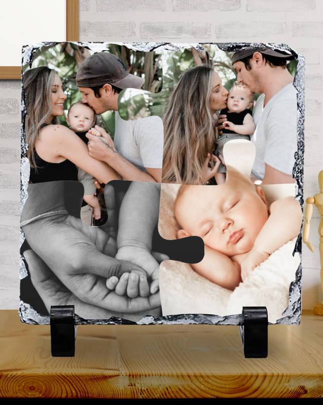 4 piece jigsaw design photo slate with family and baby images on natural slate with glossy finish and display stands