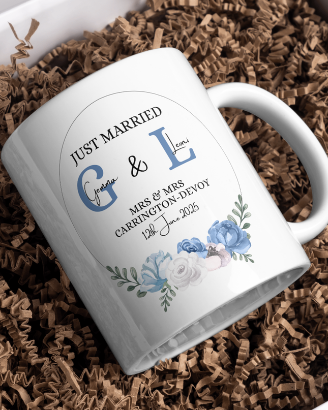 Name and Date Wedding Blue Version Personalised Mug - Demo Design Gifts