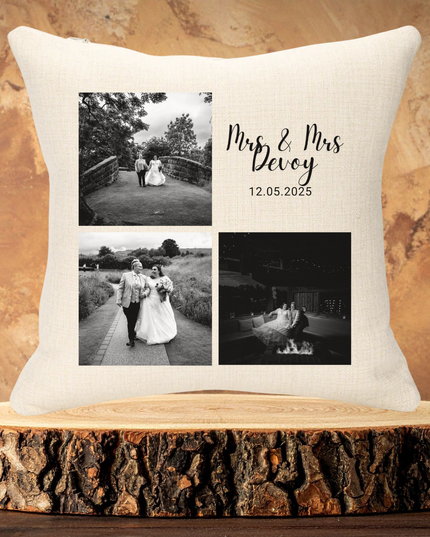 Couple Name and Date with 3 Images Black & White Theme 40x40cm Linen Cushion