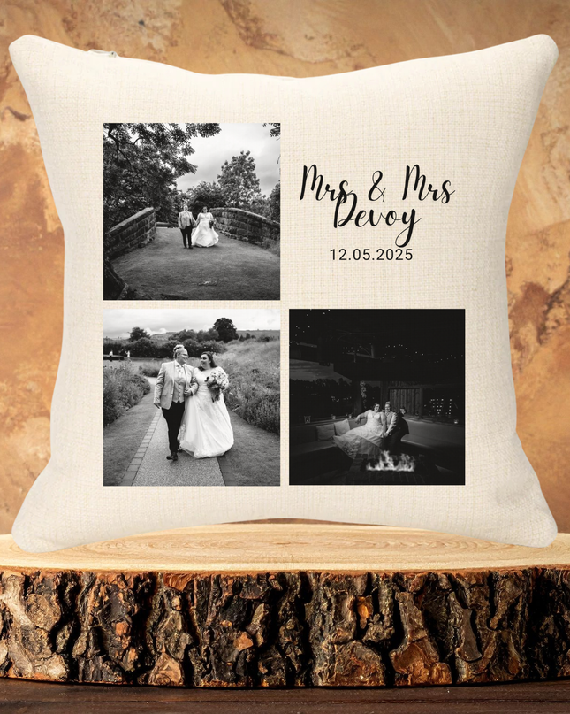 Couple Name and Date with 3 Images Black & White Theme 40x40cm Linen Cushion
