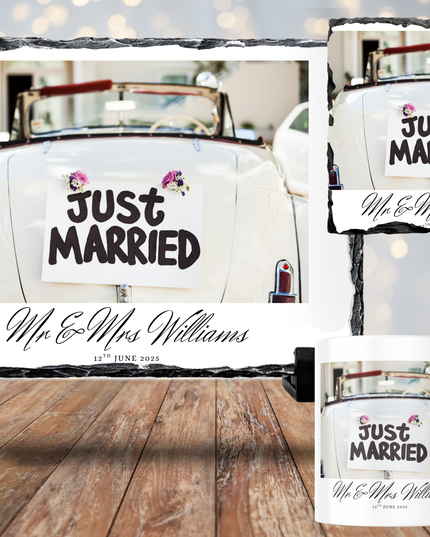 Just Married Mug, Coaster, Photo Slate - Demo Design Gifts