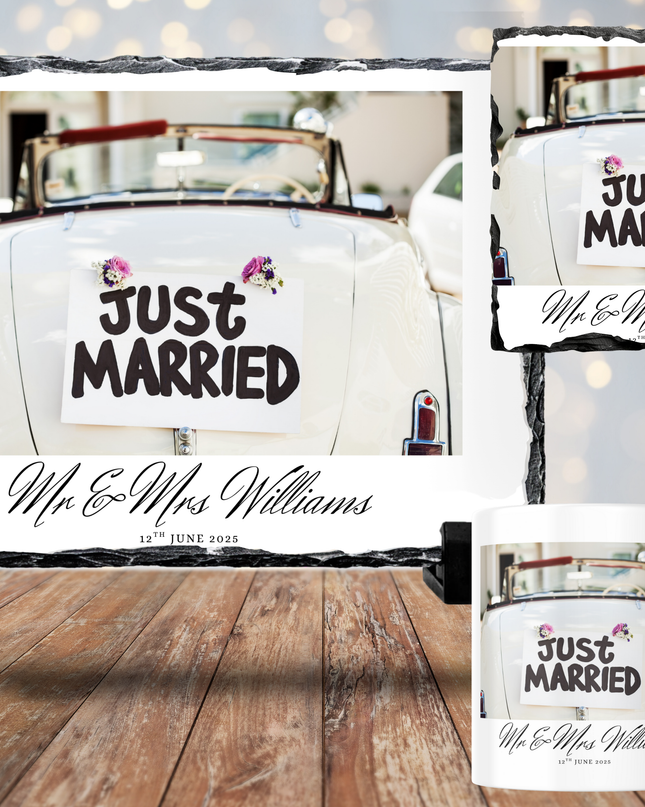 Just Married Mug, Coaster, Photo Slate - Demo Design Gifts