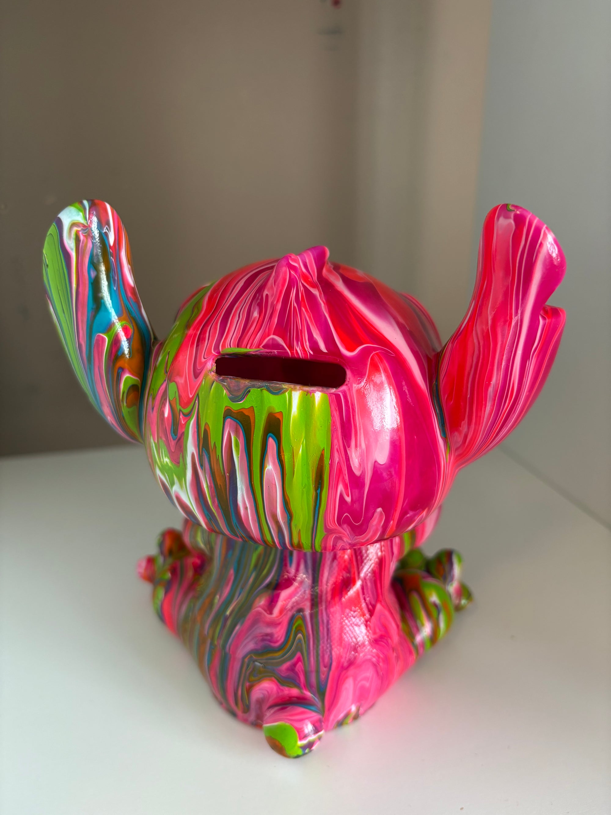 Stitch Pink & Green Money Box Acrylic Pouring Figure