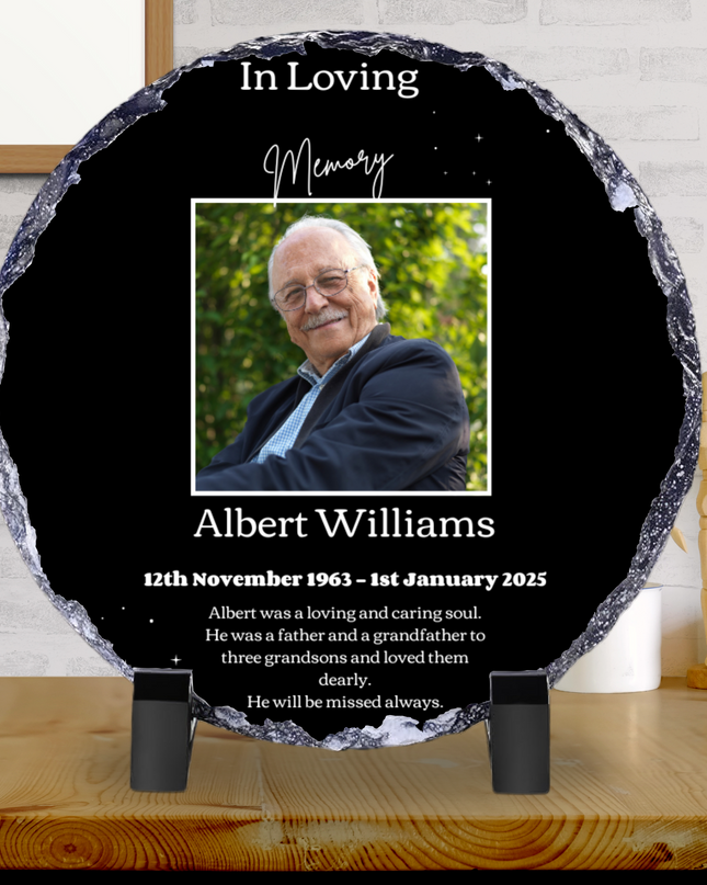 In Loving Memory photo slate with circle design, glossy finish, personalized text and photo, 15x15cm memorial keepsake