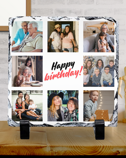 Personalized photo slate with 8 images and "Happy birthday!" text in glossy finish on natural slate with stand feet
