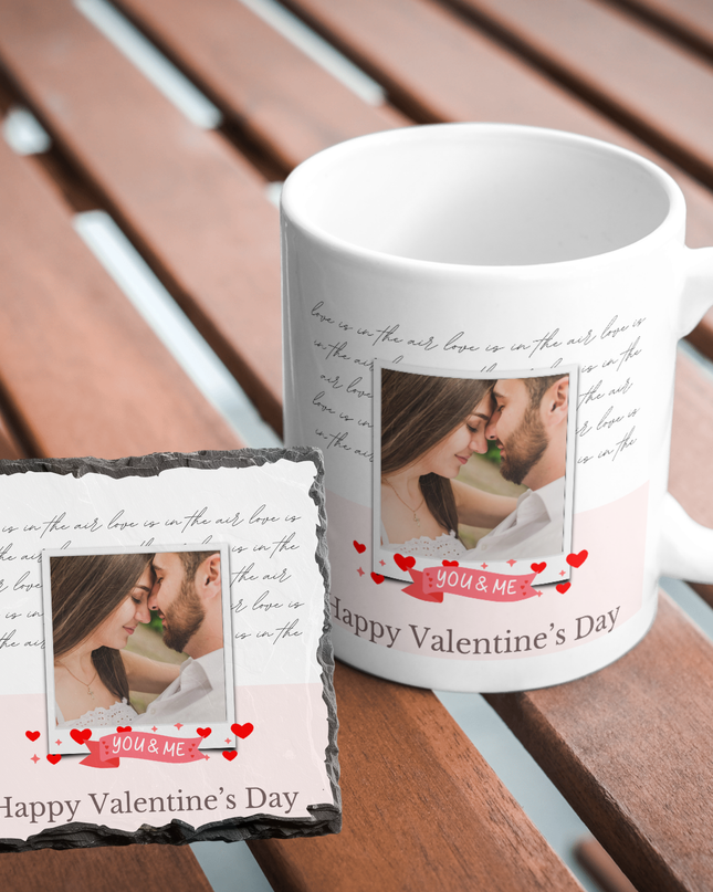 Valentines Day 11oz Mug and 9cm Rock Slate Coaster with 1 Image and Text Backgorund