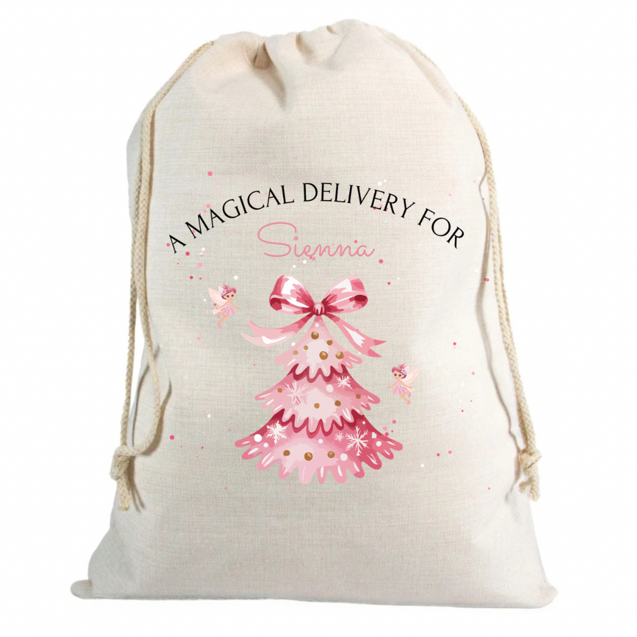 Christmas Sack Girls Pink Tree with Name