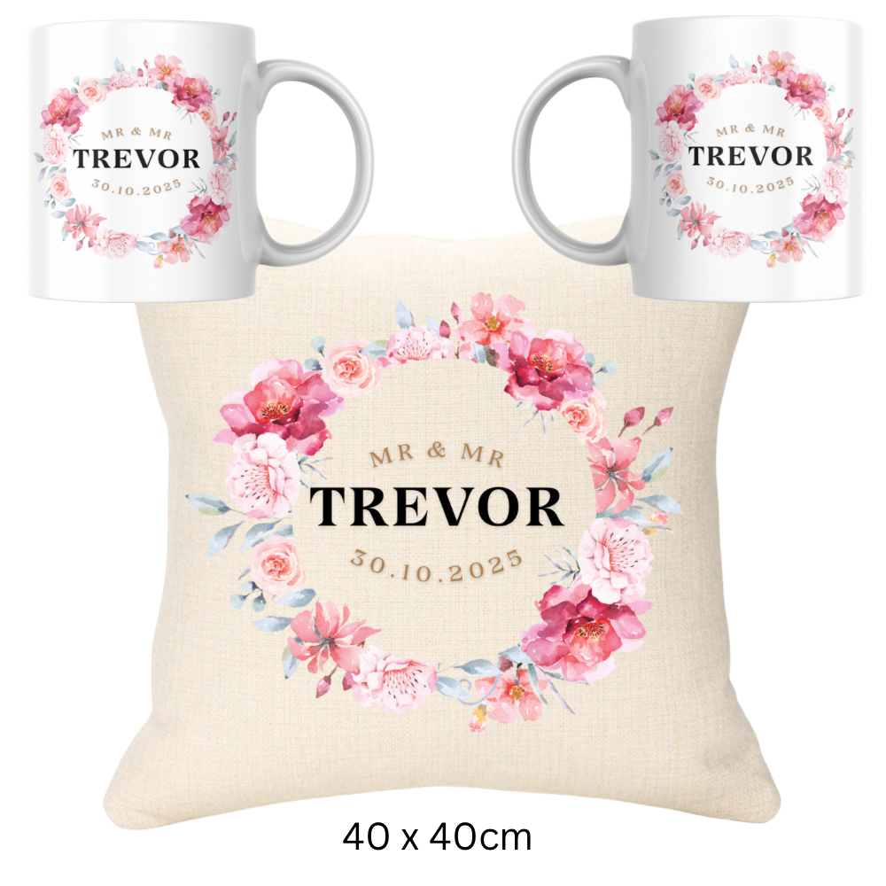 Wedding Bundle - Pink Version Cushion and Two Mugs