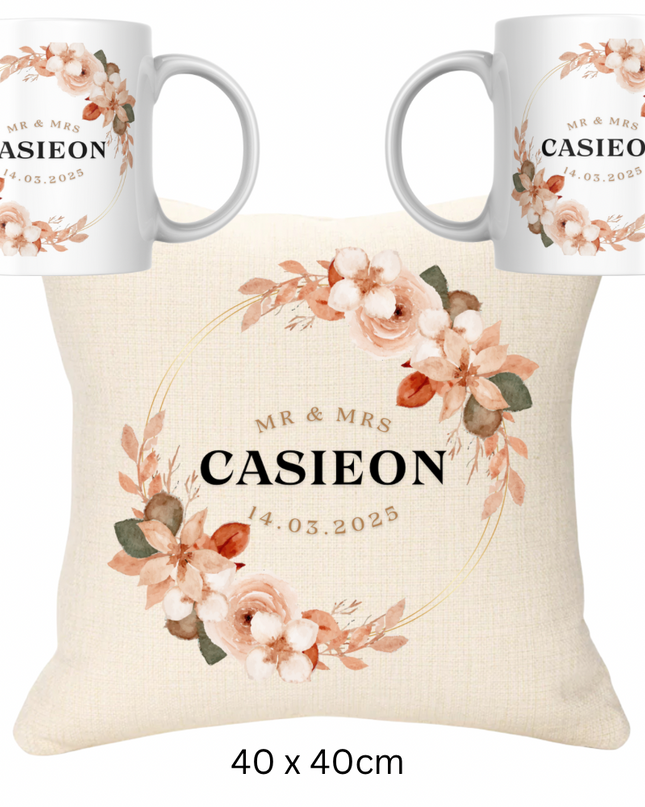 Wedding Bundle -  Orange Version Names and Date Cushion and Two Mugs - Demo Design Gifts
