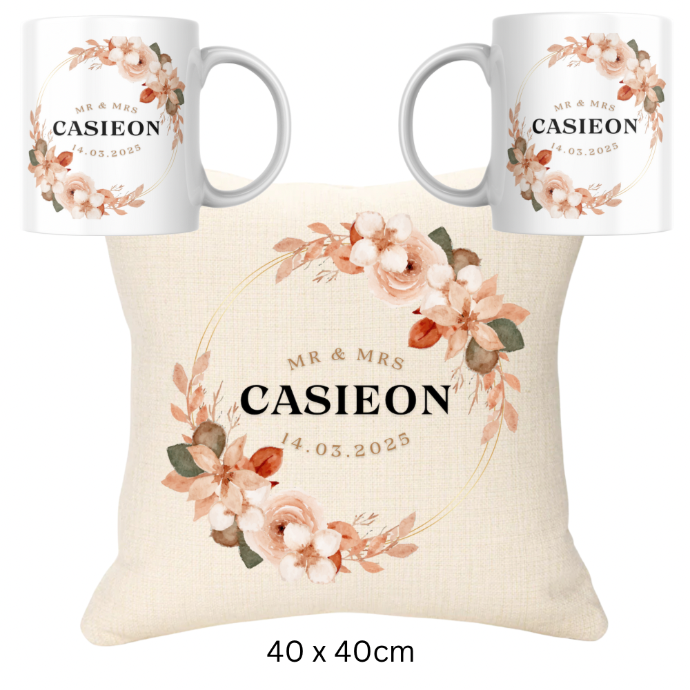 Wedding Bundle -  Orange Version Names and Date Cushion and Two Mugs