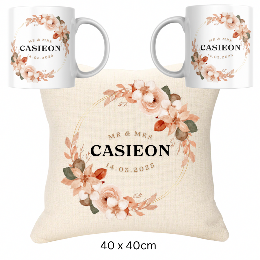 Wedding Bundle -  Orange Version Names and Date Cushion and Two Mugs