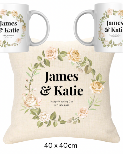 Wedding Bundle -  Names and Date Cushion and Two Mugs - Demo Design Gifts
