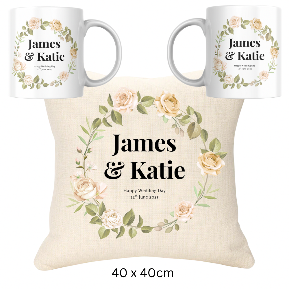 Wedding Bundle -  Names and Date Cushion and Two Mugs