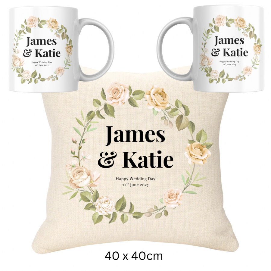 Wedding Bundle -  Names and Date Cushion and Two Mugs