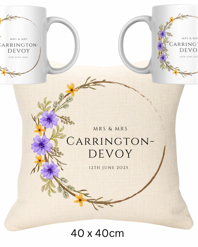Wedding Bundle - Purple & Gold Version Cushion and Two Mugs - Demo Design Gifts