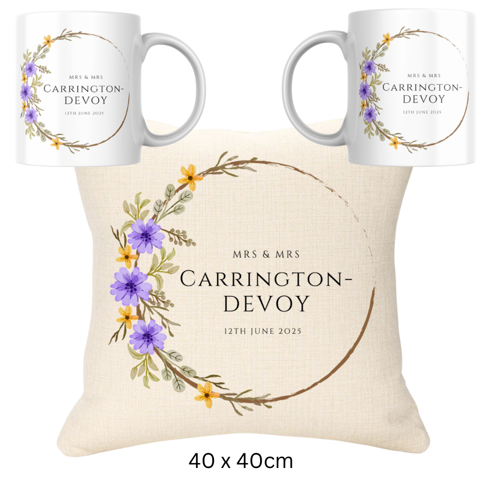 Wedding Bundle - Purple & Gold Version Cushion and Two Mugs