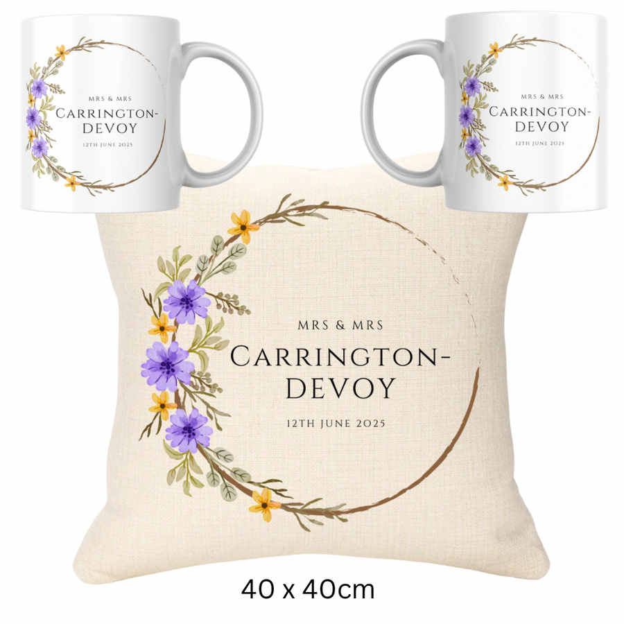 Wedding Bundle - Purple & Gold Version Cushion and Two Mugs