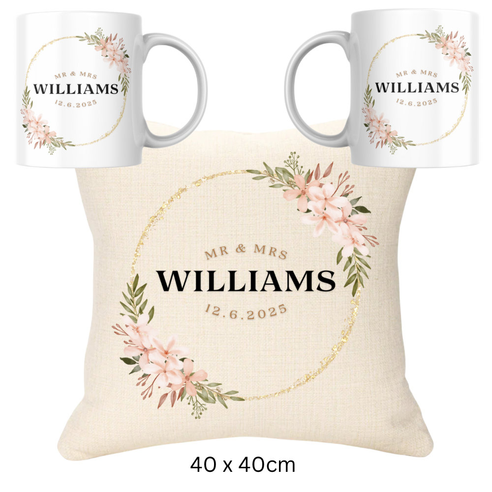 Wedding Bundle - Pink & Gold Version Cushion and Two Mugs