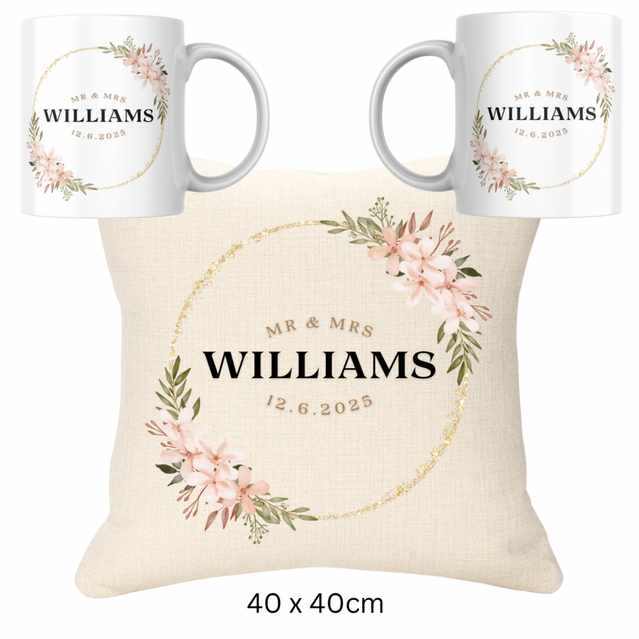 Wedding Bundle - Pink & Gold Version Cushion and Two Mugs