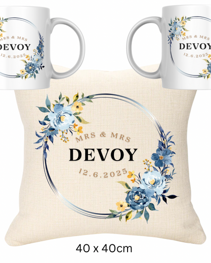 Wedding Bundle - Blue Version Cushion and Two Mugs - Demo Design Gifts