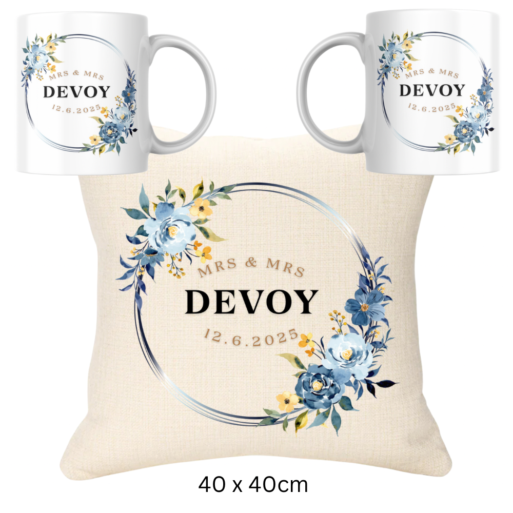 Wedding Bundle - Blue Version Cushion and Two Mugs