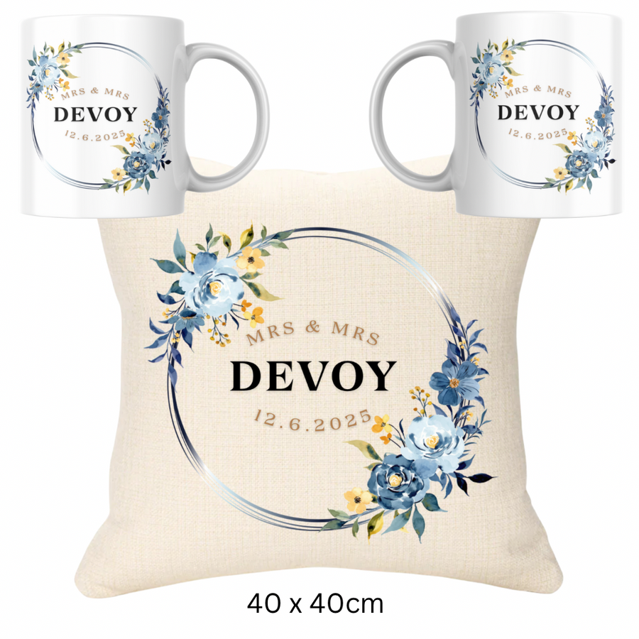 Wedding Bundle - Blue Version Cushion and Two Mugs
