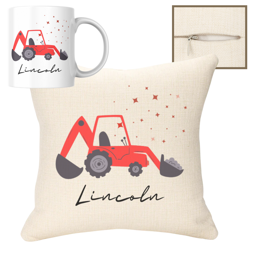 Digger  with name 40x40cm Cushion & 11oz Mug