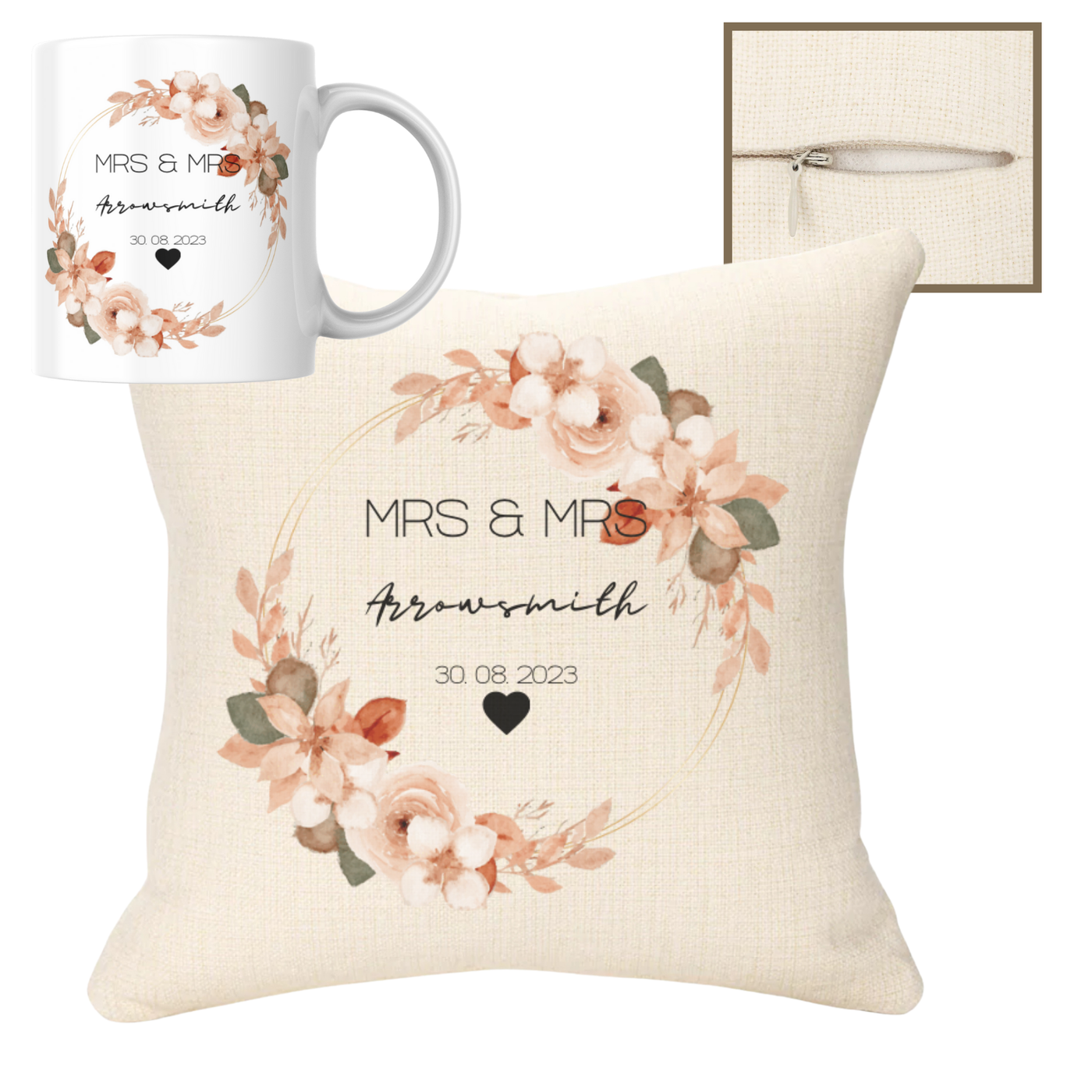 Wedding Name Orange Theme 40x40cm Cushion & 11oz Ceramic Mug