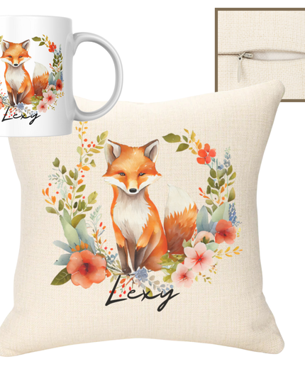 Fox with name 40x40cm Cushion & 11oz Mug - Demo Design Gifts