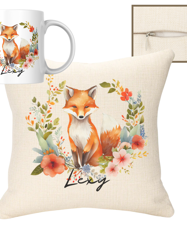 Fox with name 40x40cm Cushion & 11oz Mug - Demo Design Gifts