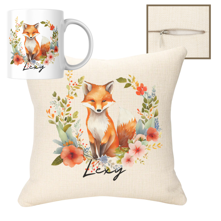 Fox with name 40x40cm Cushion & 11oz Mug