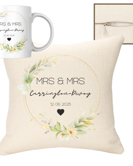 Wedding Name Green Theme 40x40cm Cushion & 11oz Ceramic Mug - Demo Design Gifts