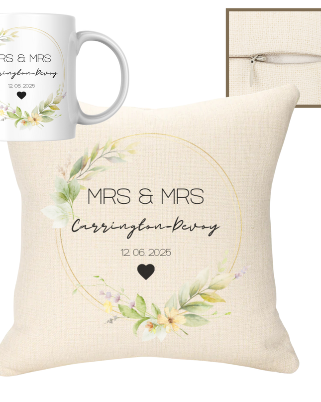 Wedding Name Green Theme 40x40cm Cushion & 11oz Ceramic Mug - Demo Design Gifts