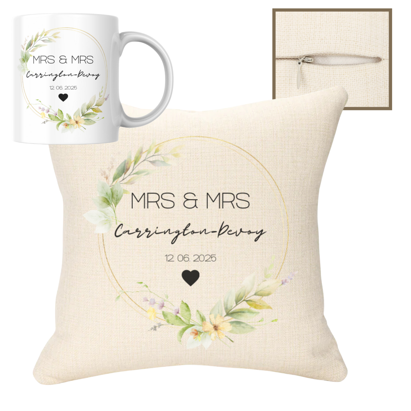 Wedding Name Green Theme 40x40cm Cushion & 11oz Ceramic Mug