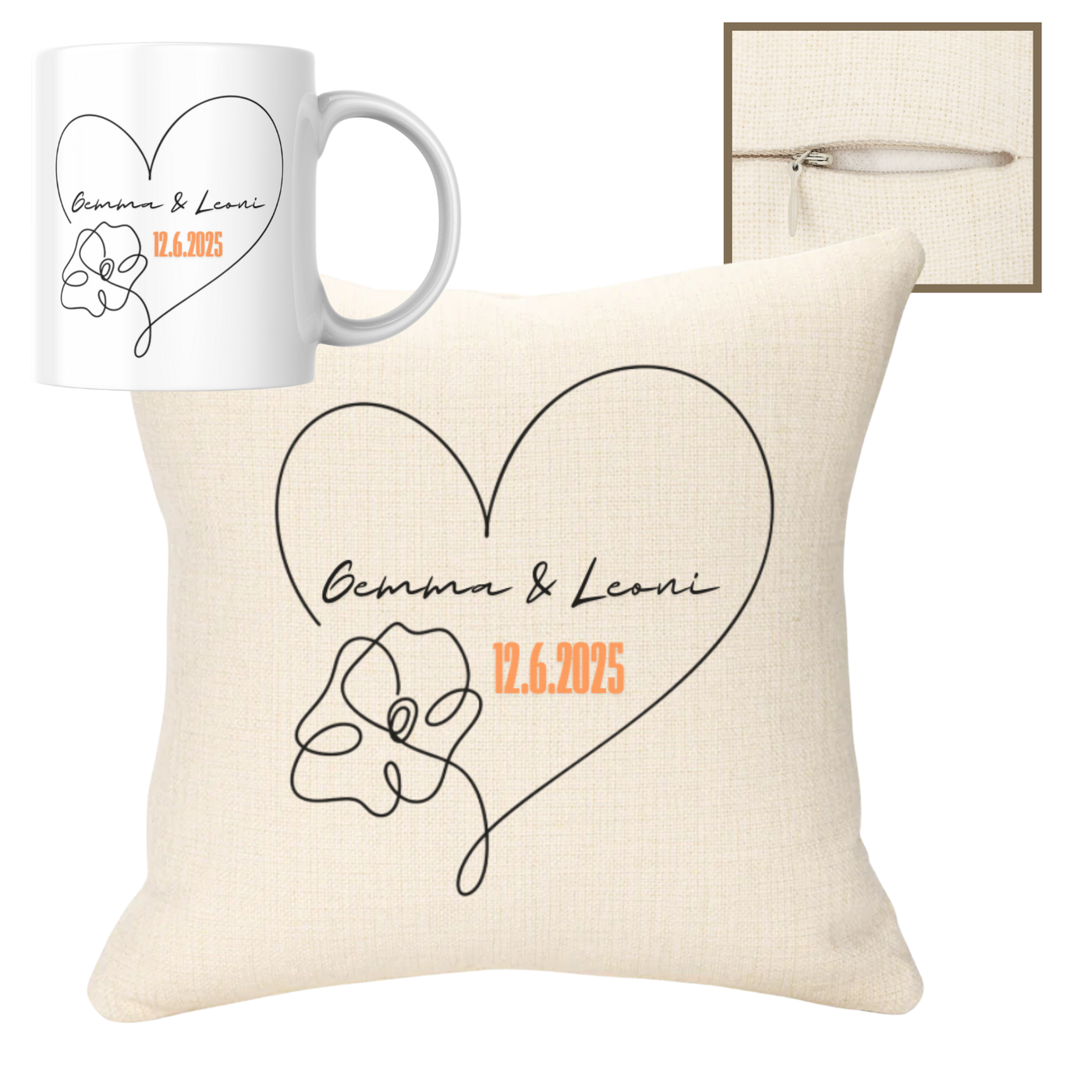 Love Heart with Name & Date  40x40cm Cushion & 11oz Mug
