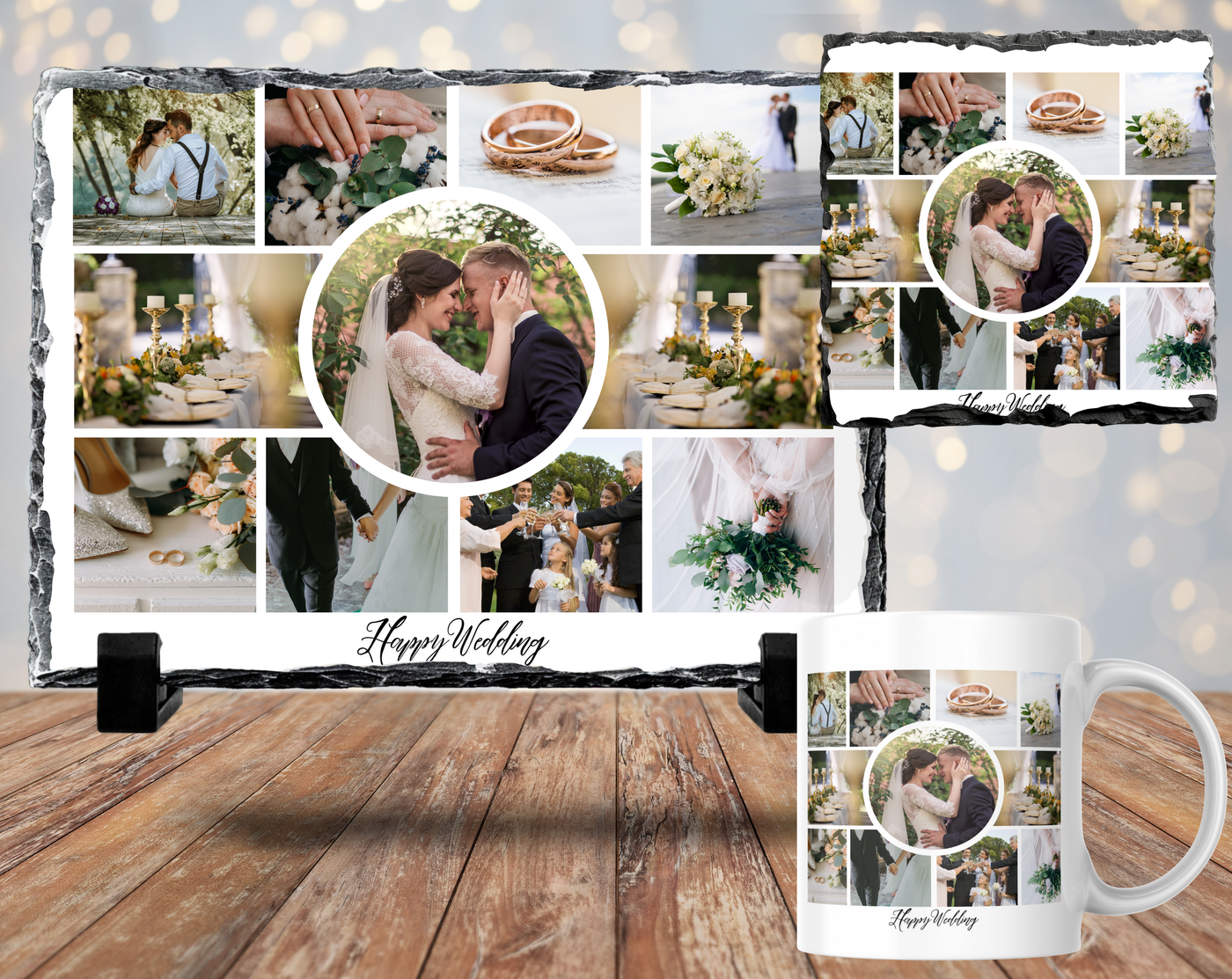 11 Image Happy Wedding Mug, Coaster, Photo Slate