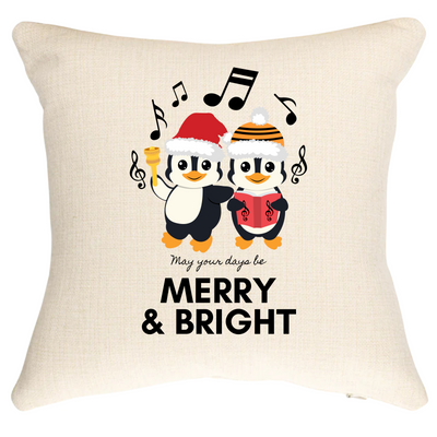 Penguin Merry & Bright Christmas Cushion Personalised