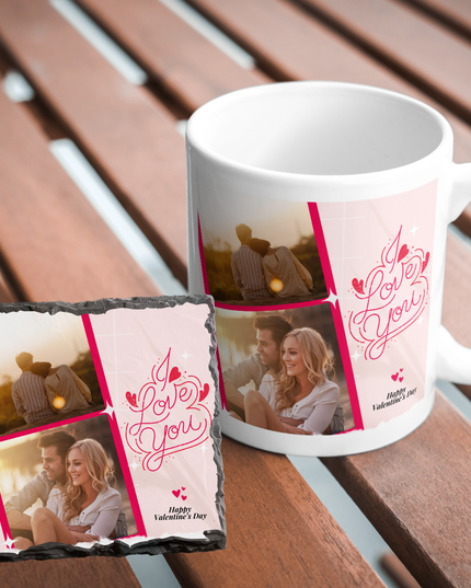 Valentines Day 11oz Mug and 9cm Rock Slate Coaster with 2 Image and text Reel