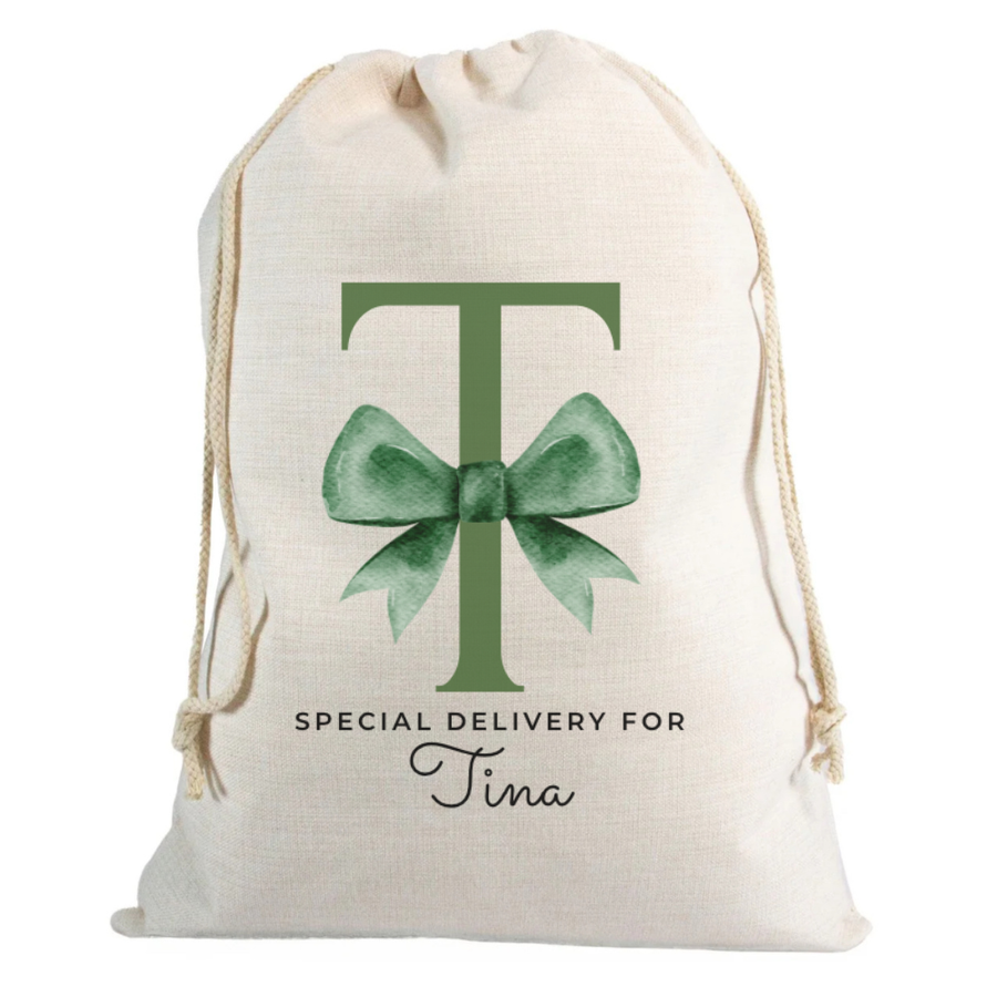 Christmas Sack Letter with Green Bow with Name