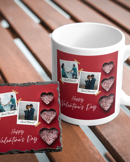 Valentines Day 11oz Mug and 9cm Rock Slate Coaster with 2 Images and text