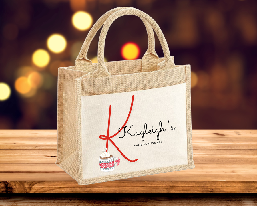 Red Mug Letter with Name Christmas Eve Tote Bag
