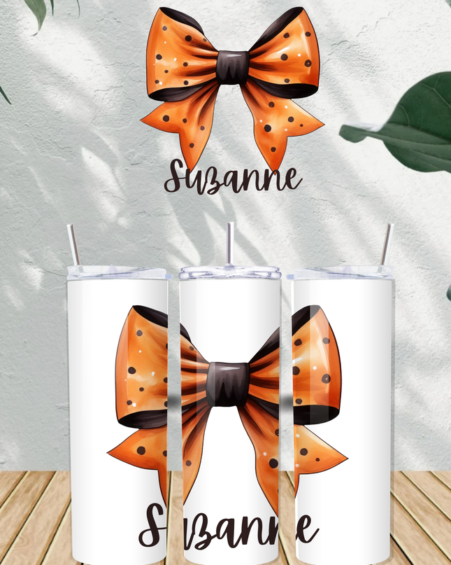 Personalised Orange and Black Bow with Name 20oz Tumbler - Demo Design Gifts