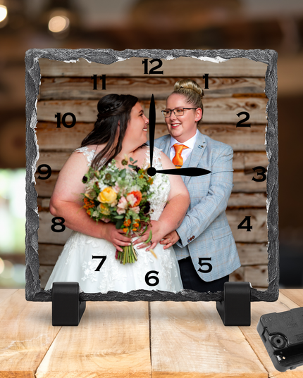 Personalised Rock Slate Photo Clock 27x27cm | Custom Image & Text | Includes Battery & Stand | Unique Gift & Home Décor - Demo Design Gifts