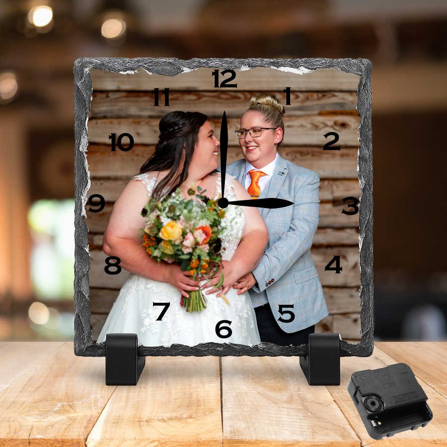 Personalised Rock Slate Photo Clock 27x27cm | Custom Image & Text | Includes Battery & Stand | Unique Gift & Home Décor