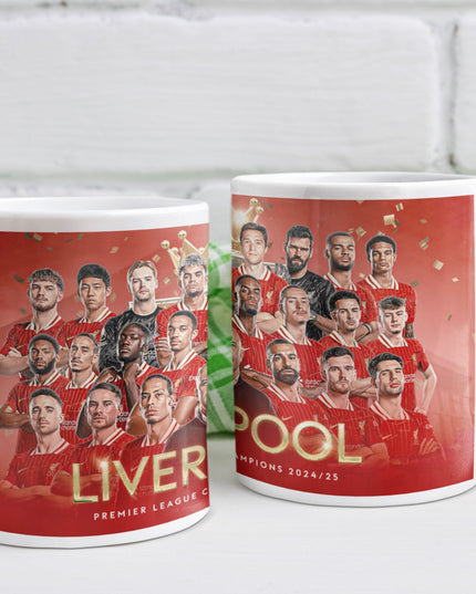 Liverpool Champion Mug featuring 2024/25 Premier League winning team in red jerseys with player portraits and Liverpool logo