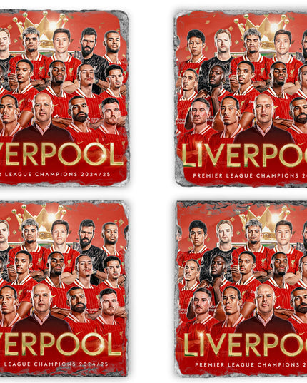 Set of four Liverpool Champion Slate Coasters featuring 2024/25 Premier League winning team photo on red background