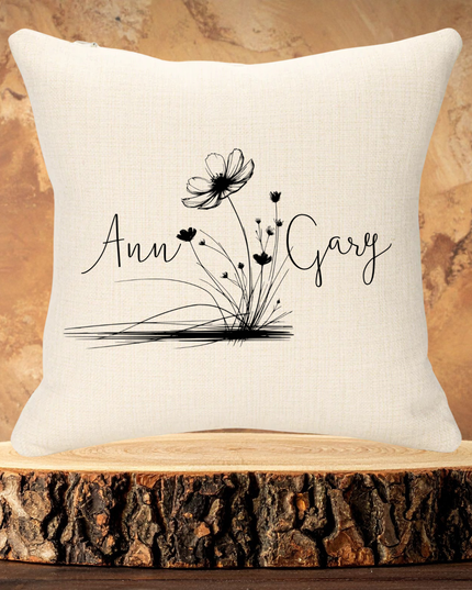 Couple Names with Black Flower 40x40cm Linen Cushion