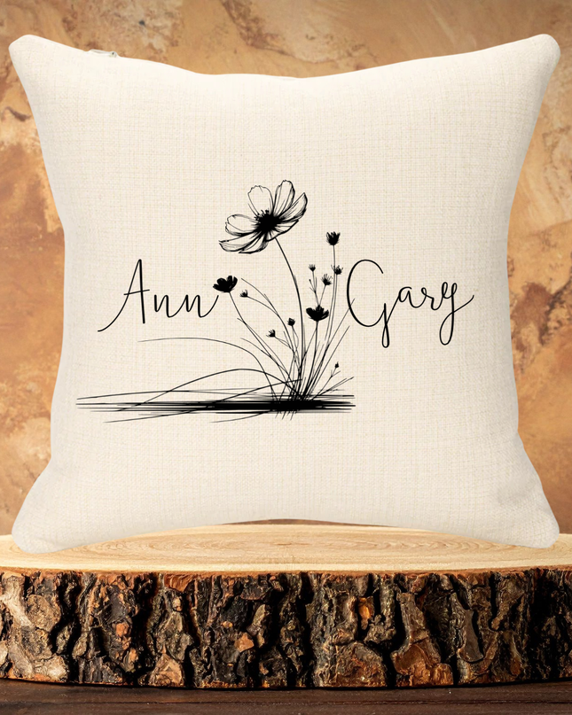 Couple Names with Black Flower 40x40cm Linen Cushion