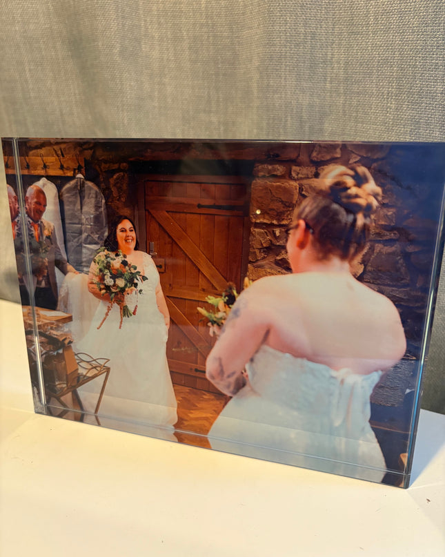 Glass Photo Block displaying a vivid 3D wedding photograph with crystal-clear finish and durable glass design